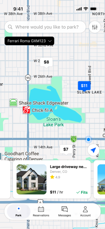 Big Blue app map with nearby parking spots