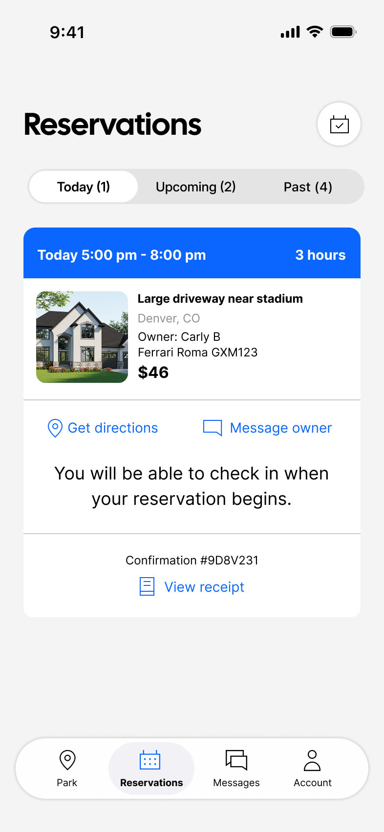 Reservations screen in the Big Blue app
